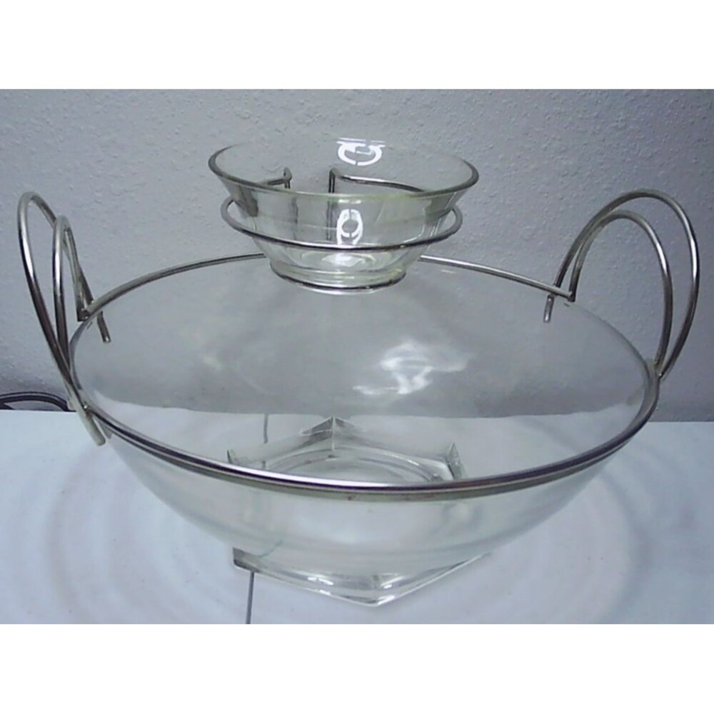 Vtg Jeannette Clear Glass Chip n' Dip Hexagonal Bowl Set Gold Trim 1950s USA